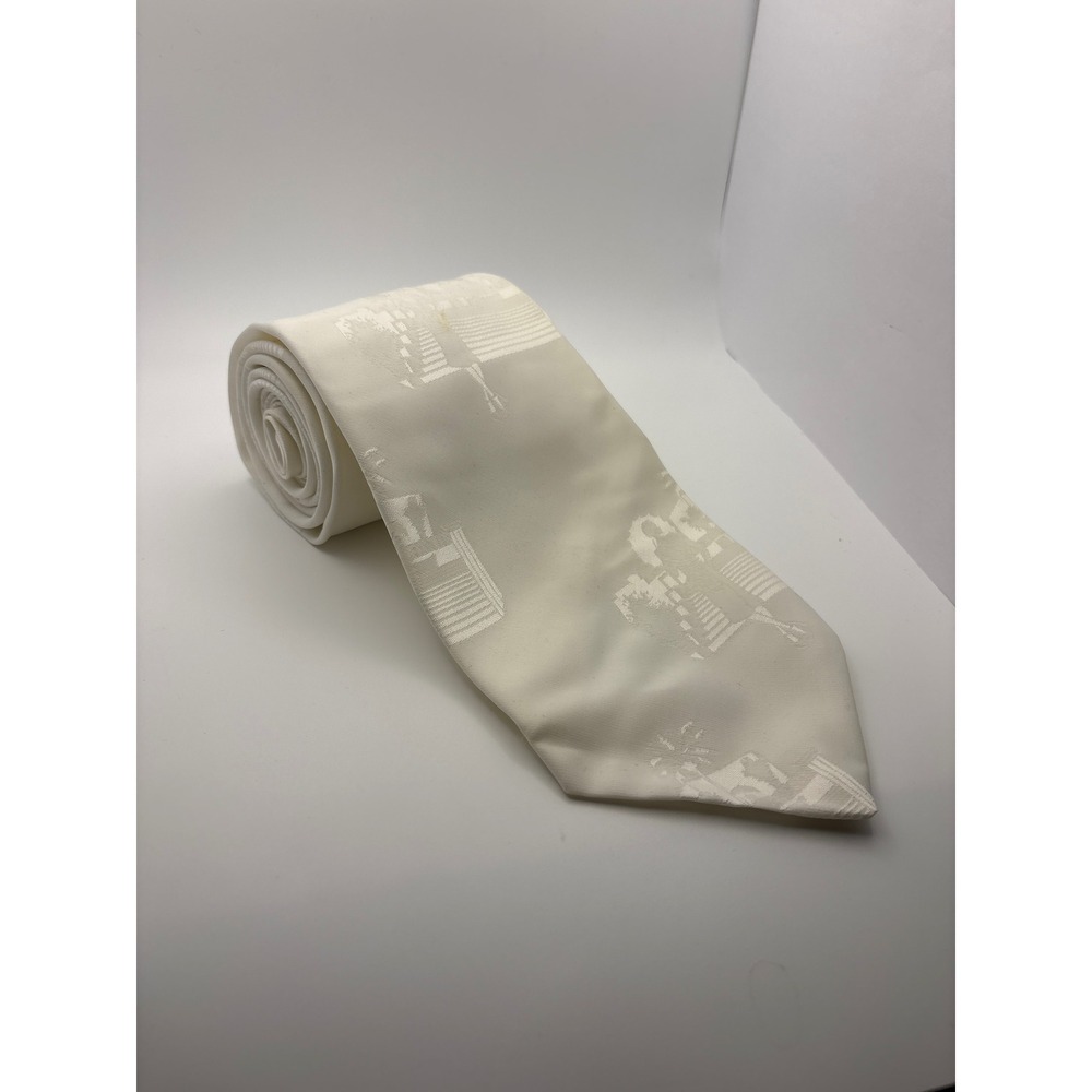 Gruber's Vintage Mens Cream Jacquard Geometric Formal Silk Necktie Made in USA